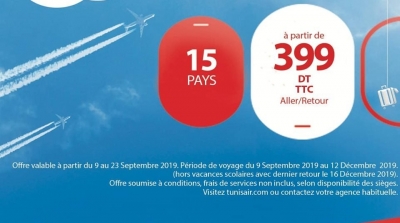 Tunisair lance sa promo Septembre 2019 à partir de 399 DT vers 15 pays